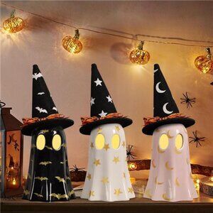 Halloween Decorations Indoor, Set of 3 Ceramic Ghosts with Witch Hats,
